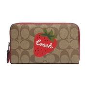 Coach Womens Medium Id Zip Wallet In Signature Canvas With Wild Strawberry Khaki / Electric Red