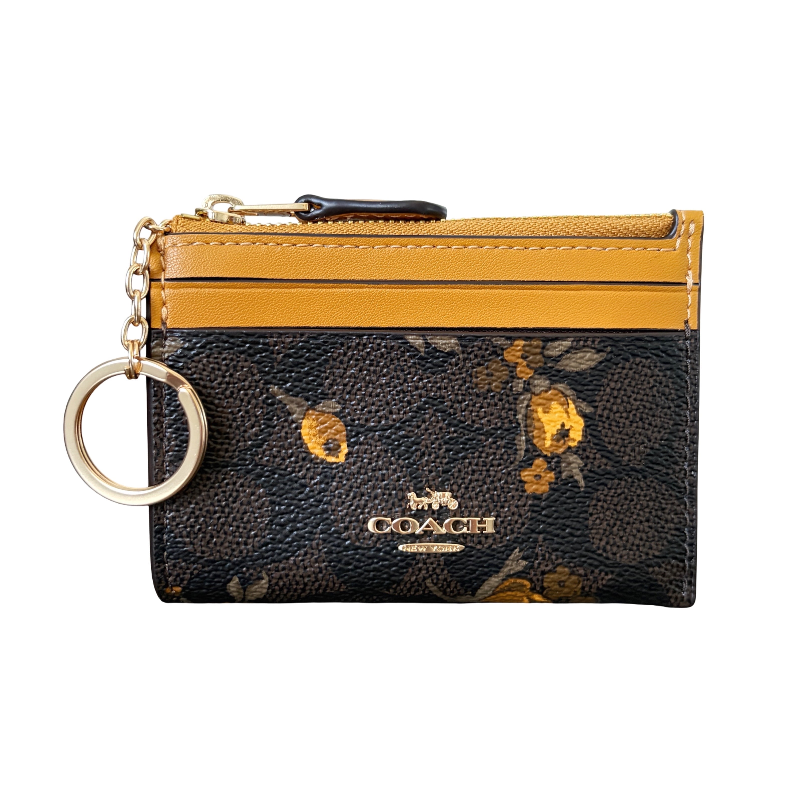 Coach Women's Mini Skinny ID Card Case With Key Ring In Signature Canvas With Floral Print (Walnut/Yellow)