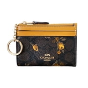 Coach Womens Mini Skinny ID Card Case With Key Ring In Signature Canvas With Floral Print Walnut/Yellow