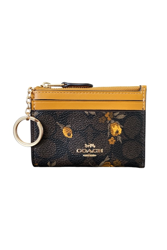 Women's Mini Skinny ID Card Case With Key Ring In Signature Canvas With Floral Print (Walnut/Yellow)