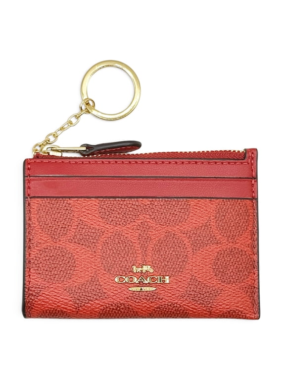 Women's Mini Skinny ID Case in Signature Canvas, Zip Card Holder with Key Ring (Red)