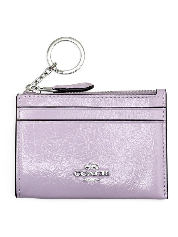Women’s Mini Skinny ID Case, Glazed Leather Card Holder with Key Ring (Light Amethyst)