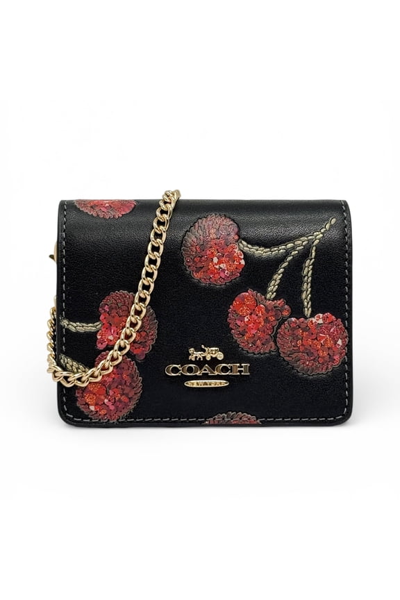 Women's Mini Wallet on a Chain With Cherry Print (Black Multi)