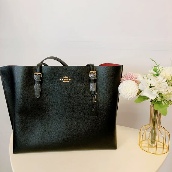 Coach Women's Mollie Leather Tote Handbag (Black / True Red)