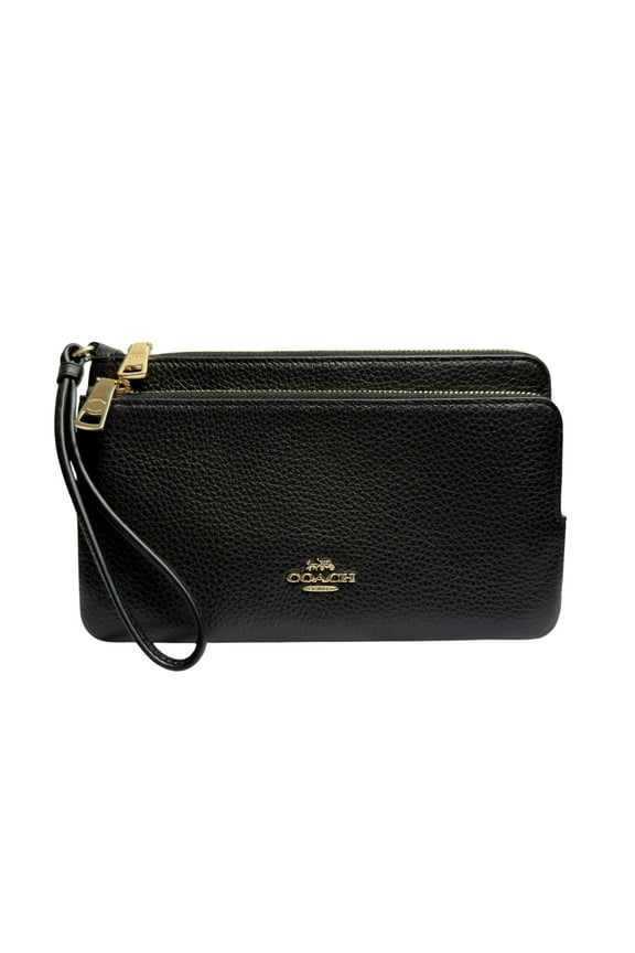Women's Pebbled Leather Double Zip Wristlet Wallet (IM/Black)