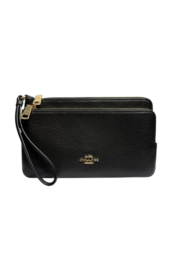 Women's Pebbled Leather Double Zip Wristlet Wallet (IM/Black)