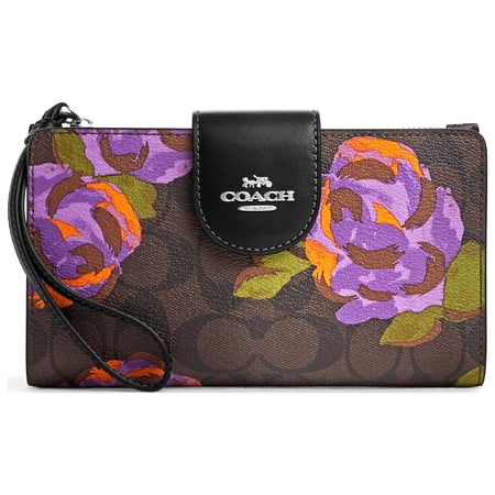 Coach CL674-SVW1Q Women's Rose Print Signature Canvas Phone Wallet
