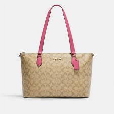 Coach Women's Signature Canvas Shoulder Tote Handbag, Light Khaki Petunia