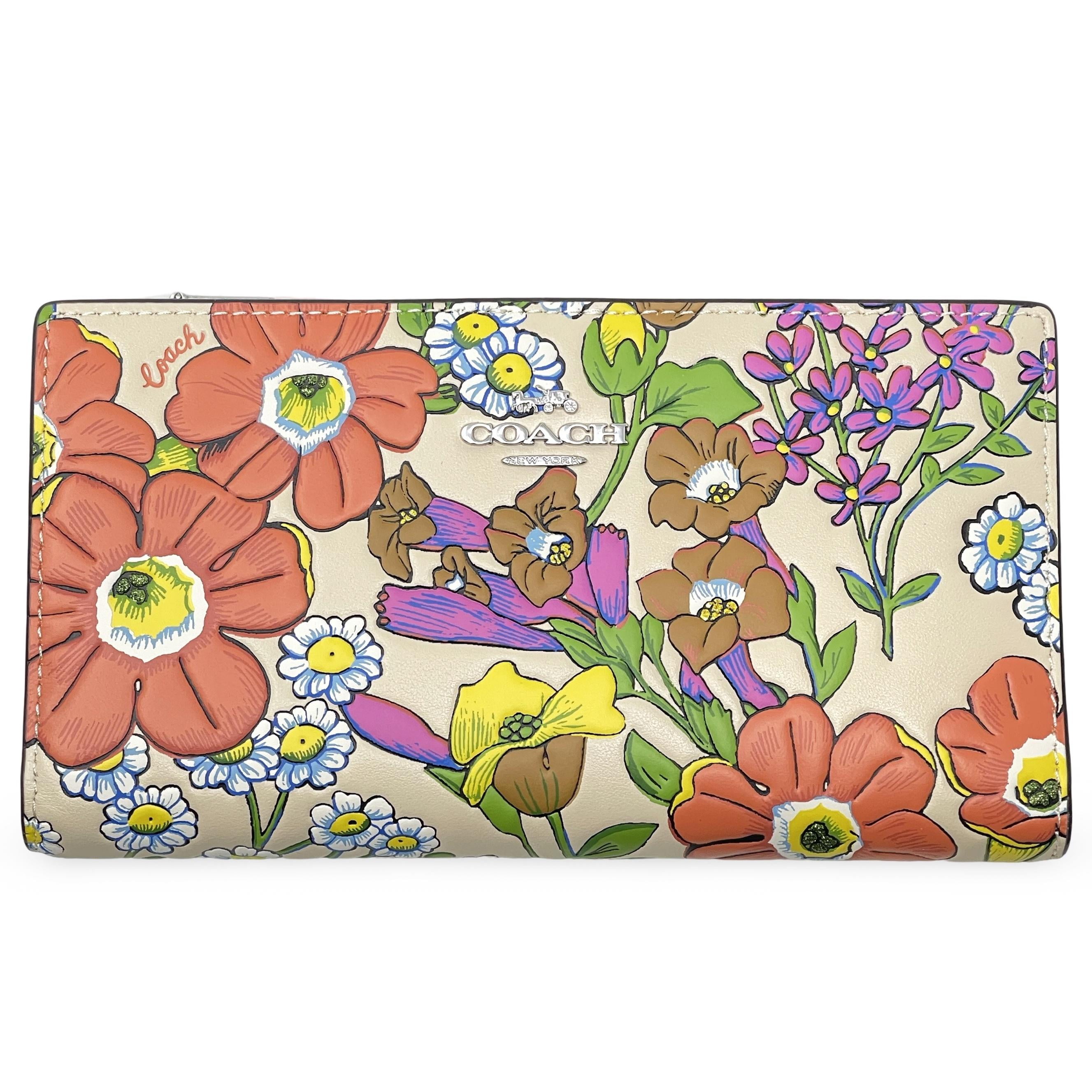 Coach Women s Slim Smooth Leather Zip Wallet with Floral Print Ivory Multi Walmart