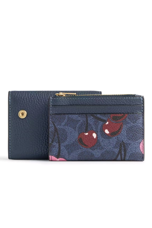 Women's Small Card Holder Wallet in Signature Canvas with Cherry Print (2 in 1), Denim Multi