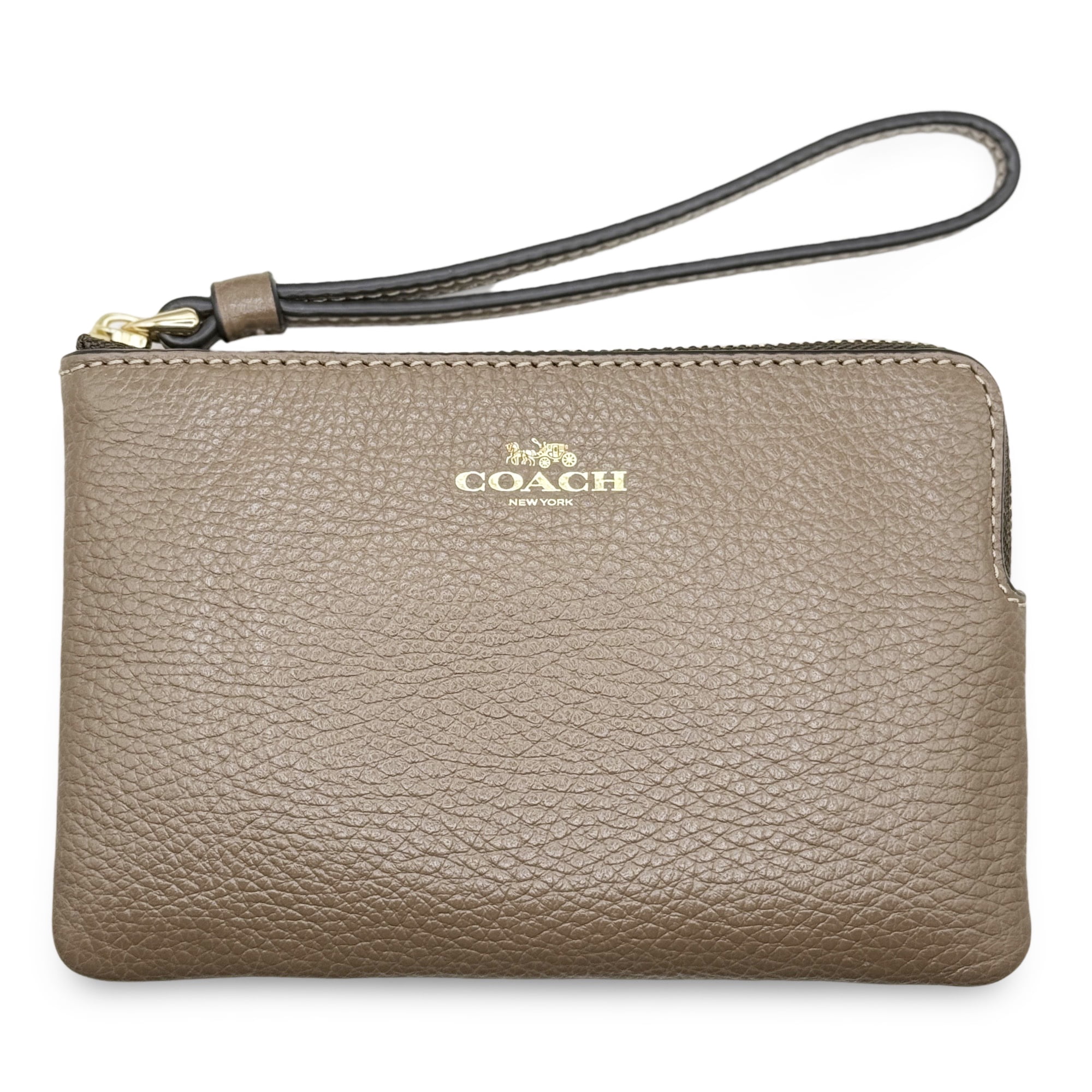 Walmart discounts of Coach Women's Small Corner Zip Wristlet in Pebbled Leather (Dark Stone)
