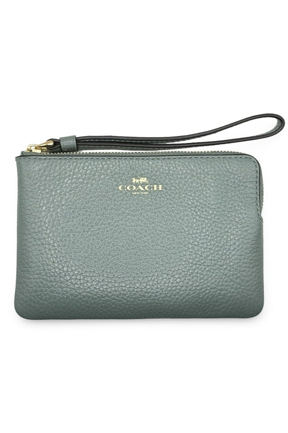 Women's Small Corner Zip Wristlet in Pebbled Leather (Sage)