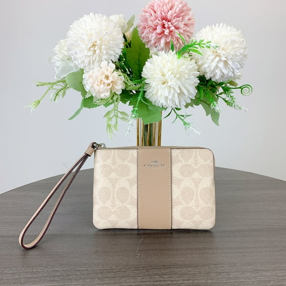 Coach Women's Small Corner Zip Wristlet in Signature Canvas (Sand / Taupe)