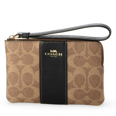 Coach Women's Small Corner Zip Wristlet in Signature Canvas (Tan / Black)