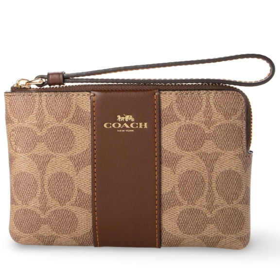 Coach Women's Small Corner Zip Wristlet in Signature Canvas (Tan / Brown)