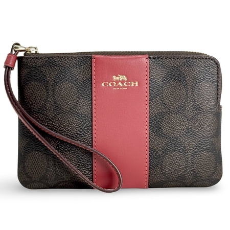 Coach Women's Small Corner Zip Wristlet in Signature Canvas (Walnut / True Red)