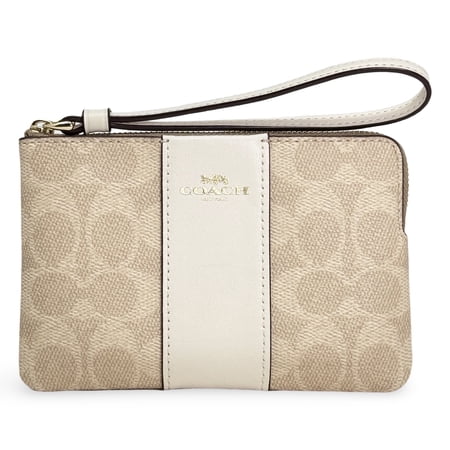 Coach Women's Small Corner Zip Wristlet in Signature Canvas with Stripe (Sand / Chalk)