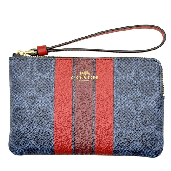 Coach Women's Small Corner Zip Wristlet in Signature Canvas with Varsity Stripe (Denim / Bold Red)