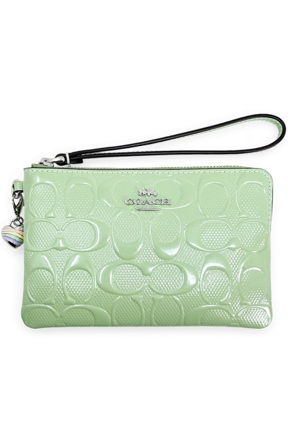 Women's Small Corner Zip Wristlet in Signature Leather with Heart Charm (Pale Green)