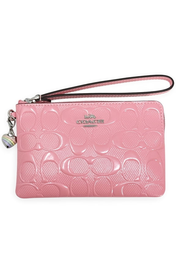 Women's Small Corner Zip Wristlet in Signature Leather with Heart Charm (Pink)