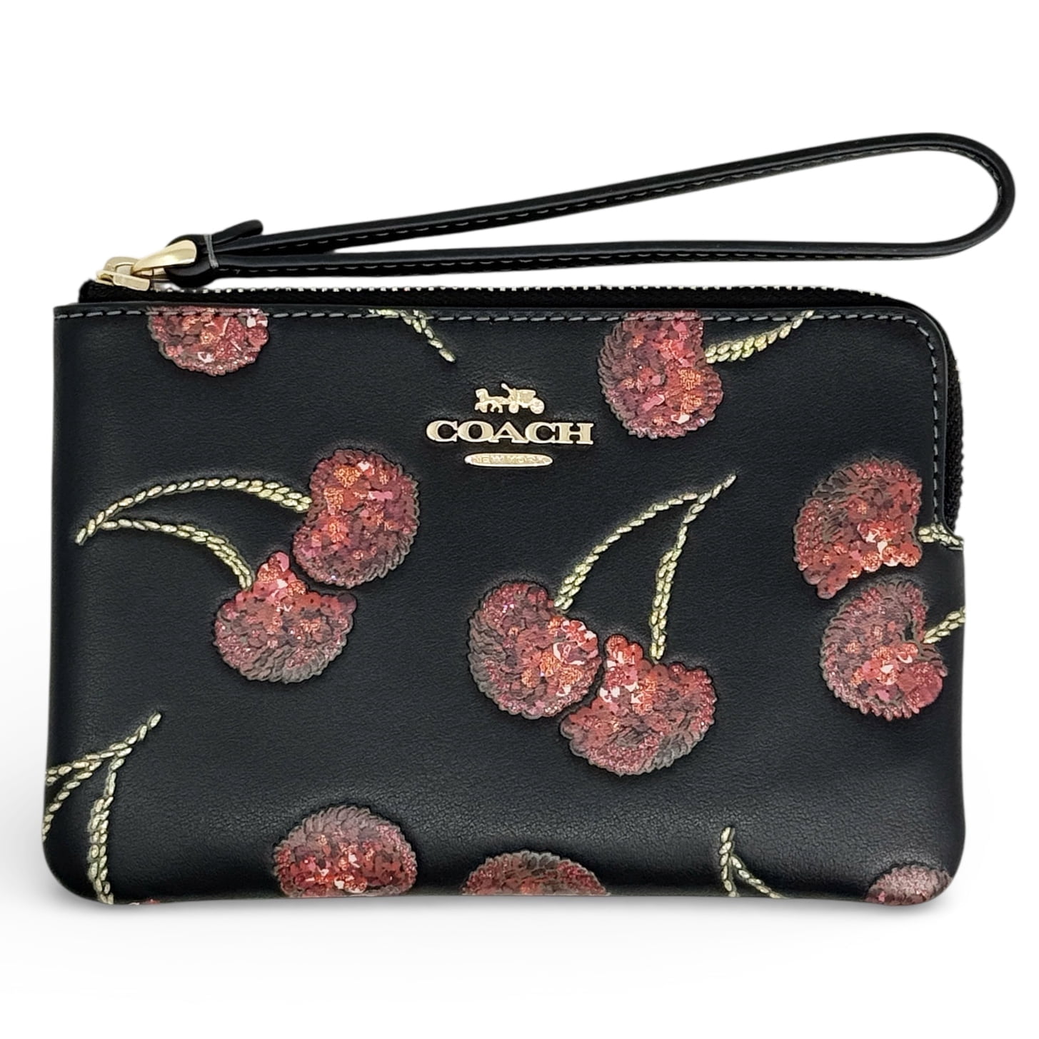 Coach Women's Small Corner Zip Wristlet with Cherry Print (Black