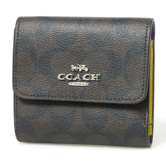 Coach Women's Small Snap Trifold Wallet in Signature Canvas with Colorblock Interior (Brown / Iris Multi)