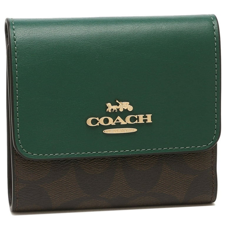 Coach Women s Small Snap Trifold Leather Wallet in Blocked Signature Canvas Brown Dark Pine Walmart