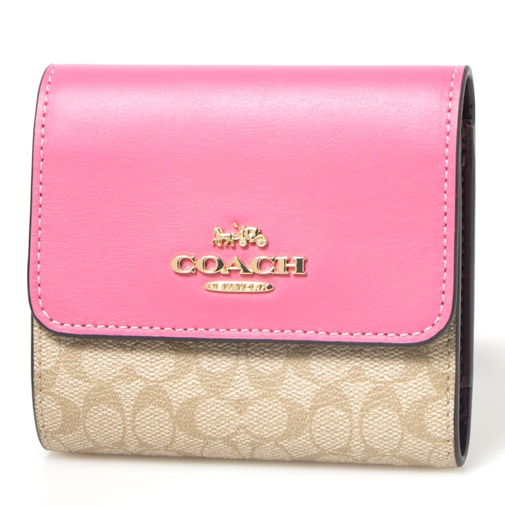 Coach Women s Small Snap Trifold Leather Wallet in Blocked Signature Canvas Light Khaki Petunia
