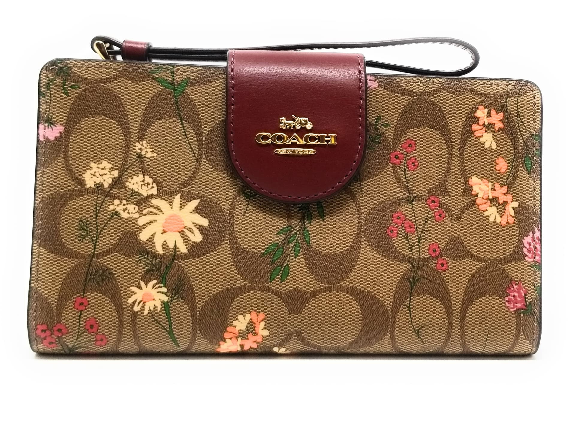 Coach Tech Wallet Women s Wildflower Print Signature Canvas Smooth Leather Wallet Khaki Multi