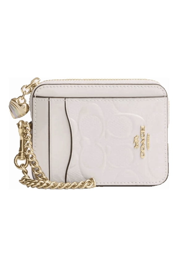 Zip Card Case in Pearlized Signature Patent Leather with Heart Charm and Chain Wrist Strap, Pink