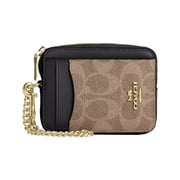 Coach Zip Card Case in Signature Coated Canvas with Chain Wrist Strap and ID Window, Tan/Black