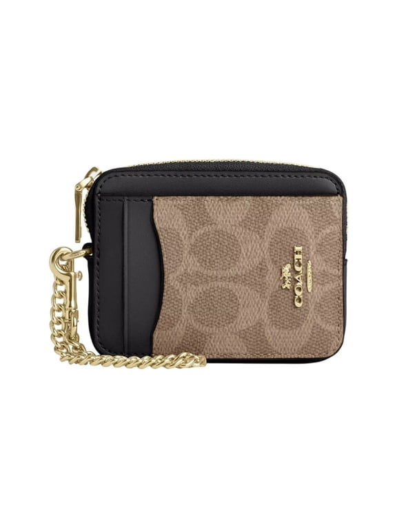 Zip Card Case in Signature Coated Canvas with Chain Wrist Strap and ID Window, Tan/Black