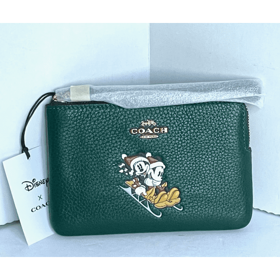 Coach x Disney Corner Zip Wristlet Green Leather Sled Minnie Mickey Holiday CN02