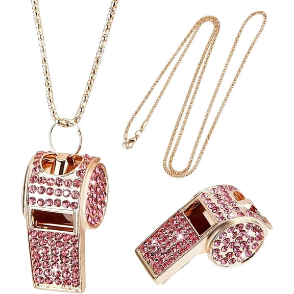 Coaches Whistle with Lanyard Gold Whistle Necklace Metal Bling Rhinestone Whistle Chain Shining Whistle with Lanyard for Women Teachers Coacheses Referees Training Accessories Rose