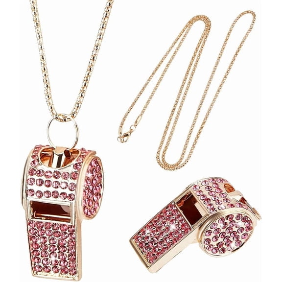 Coaches Whistle with Lanyard Gold Whistle Necklace Metal Bling Rhinestone Whistle Chain Shining Whistle with Lanyard for Women Teachers Coacheses Referees Training Accessories Rose