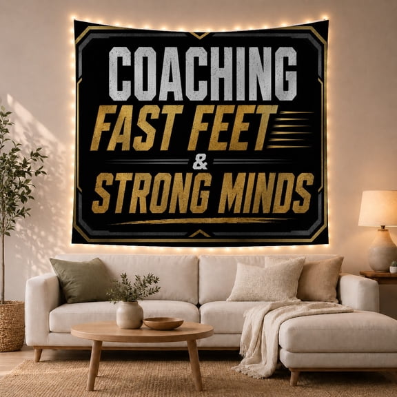 Coaching Fast Feet Text On Black Background, Inspirational Vintage Style for Running Fans, Sports Wall Art, Thank You Gift Tapestry Wall Hanging for Office and Classroom