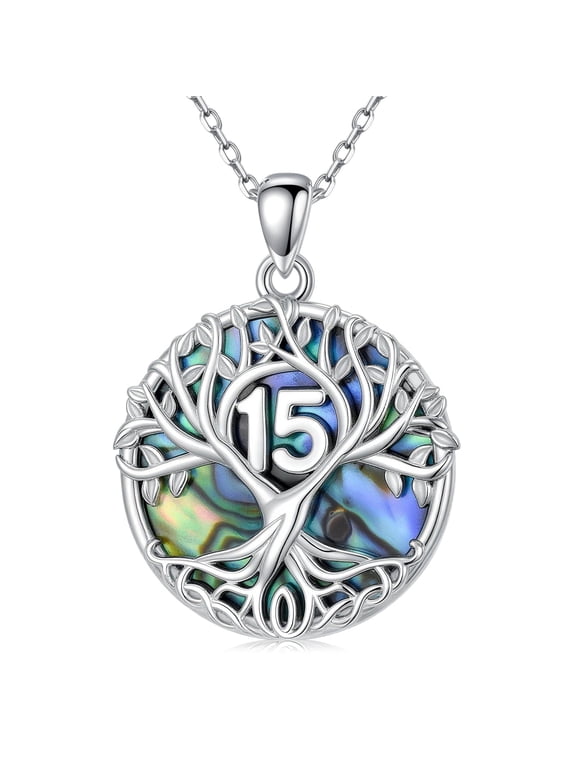 15th Birthday Quinceanera Gifts 925 Sterling Silver Sweet 15 Year Old Tree of Life Abalone Shell Pendant Jewelry Birthday Gift for Women