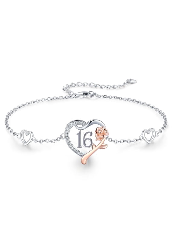 16 Year Old Birthday Gifts 925 Sterling Silver Love Heart Rose Flower Bracelet 16th Jewelry Christmas Gifts for Women Girlfriend Sister