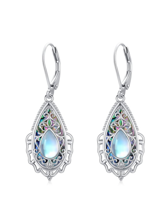 925 Sterling Silver Boho Filigree Teardrop Leverback Earrings Vintage Abalone Shell Dangle Earrings Moonstone Jewelry Birthday Gifts for Women