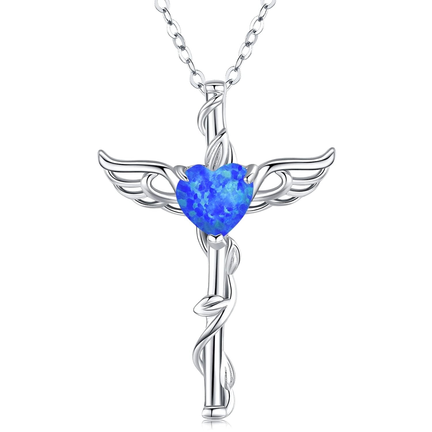 Coachuhhar Angel Wing Cross Necklace 925 Sterling Silver Blue Opal Cross Crucifix Pendant Necklace Guardian Angel Wings Necklace Cross Jewelry Gifts for Women