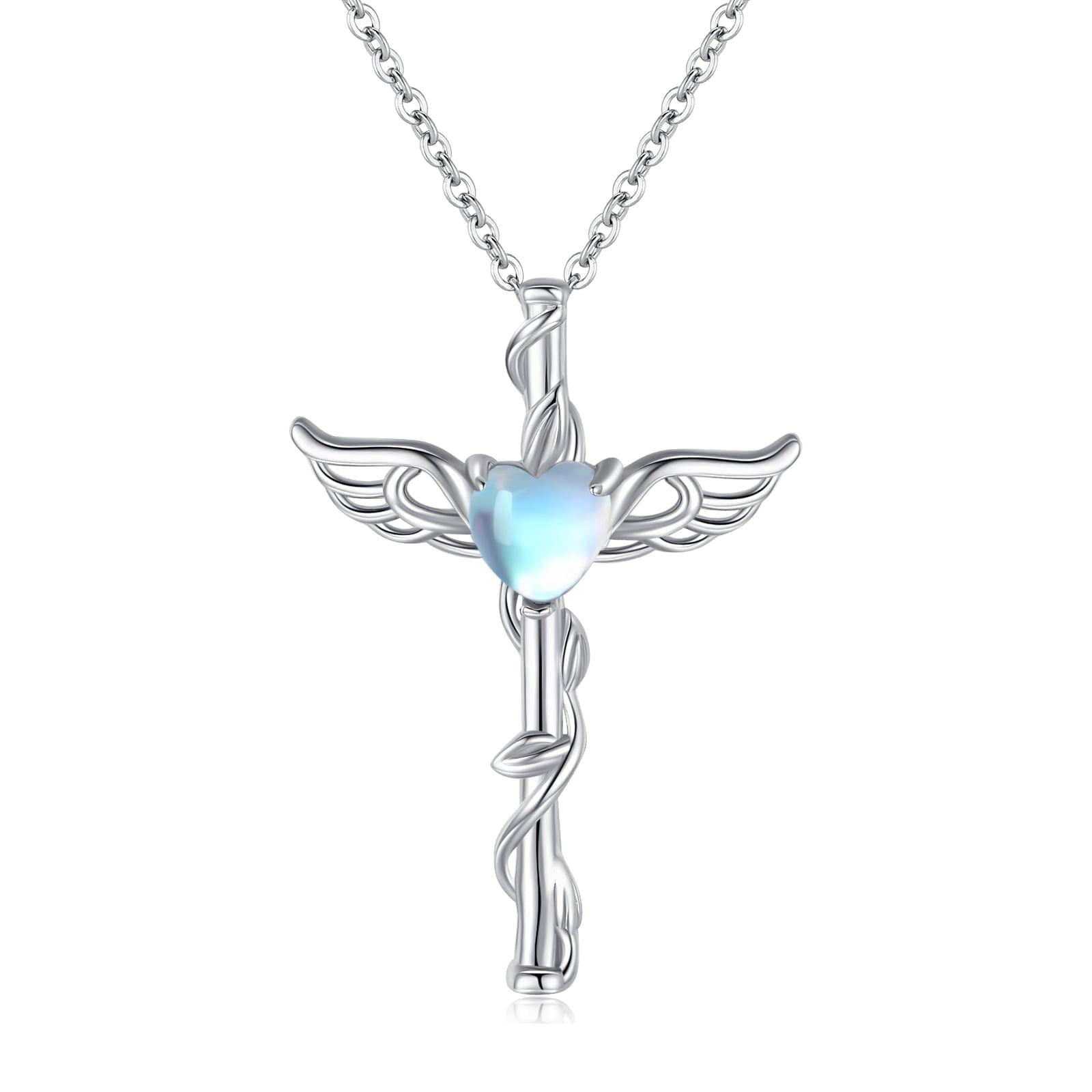 Coachuhhar Angel Wing Cross Necklace 925 Sterling Silver Moonstone Cross Crucifix Pendant Necklace Guardian Angel Wings Necklace Cross Jewelry Gifts for Women