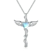 Coachuhhar Angel Wing Cross Necklace 925 Sterling Silver Moonstone Cross Crucifix Pendant Necklace Guardian Angel Wings Necklace Cross Jewelry Gifts for Women