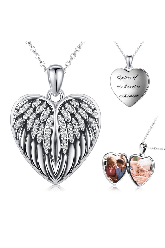 Angel Wings Locket Necklace 925 Sterling Silver Heart Locket Necklace That Holds Pictures Memorial Pendant Necklace Locket Jewelry Gifts for Women