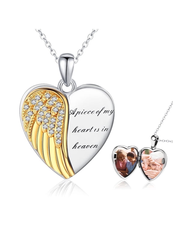 Angel Wings Locket Necklace 925 Sterling Silver Heart Locket Necklace That Holds Pictures Memorial Necklace Locket Jewelry Gifts for Women