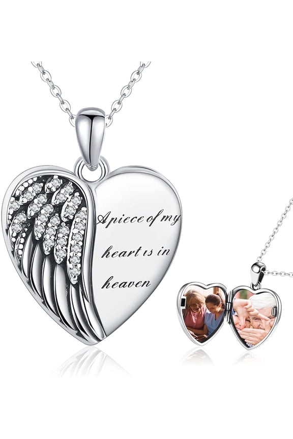 Angel Wings Locket Necklace 925 Sterling Silver Heart Locket Necklace That Holds Pictures Memorial Necklace Locket Jewelry Gifts for Women