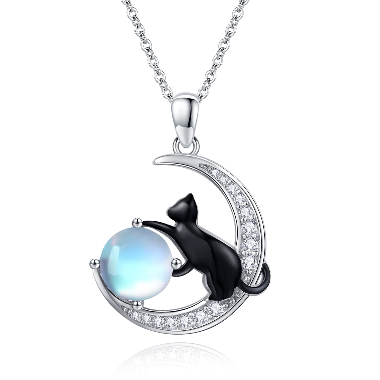 Coachuhhar Black Cat Necklace 925 Sterling Silver Cute Animal Pendant Necklace Moonstone Jewelry Gifts for Women Mom Wife