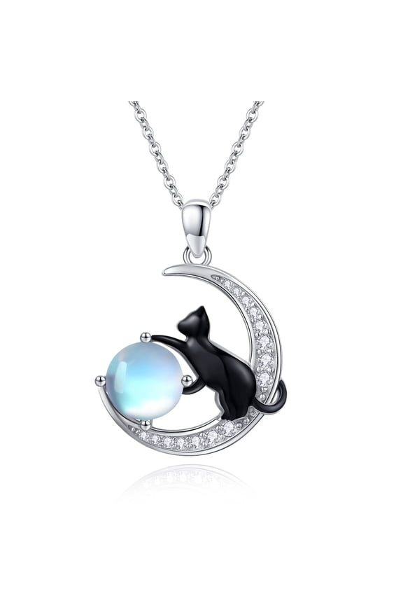 Black Cat Necklace 925 Sterling Silver Cute Animal Pendant Necklace Moonstone Jewelry Gifts for Women Mom Wife