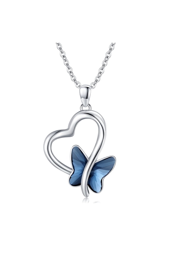 Butterfly Necklace 925 Sterling Silver Heart Butterfly Pendant Necklace with Crystal Butterfly Jewelry Gifts for Women Mom