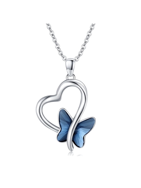 Butterfly Necklace 925 Sterling Silver Heart Butterfly Pendant Necklace with Crystal Butterfly Jewelry Gifts for Women Mom