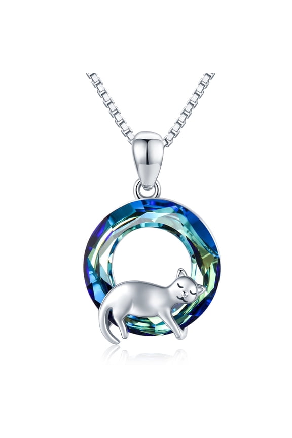 Cat Crystal Necklace 925 Sterling Silver Cute Animal Pendant Necklace with Crystal Cat Jewelry Gifts Gifts for Women Cat Lovers